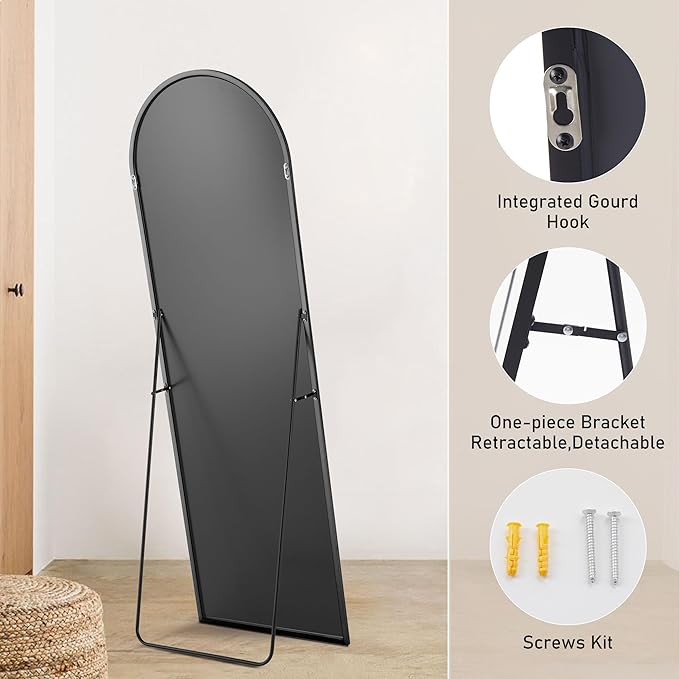 OLIXIS Arched Full Length Mirror for Bedroom, 65"x24" Full Body Mirror with Stand, Hanging or Leaning for Wall, Aluminum Alloy Thin Frame Floor Standing for Living Room, Long, Black