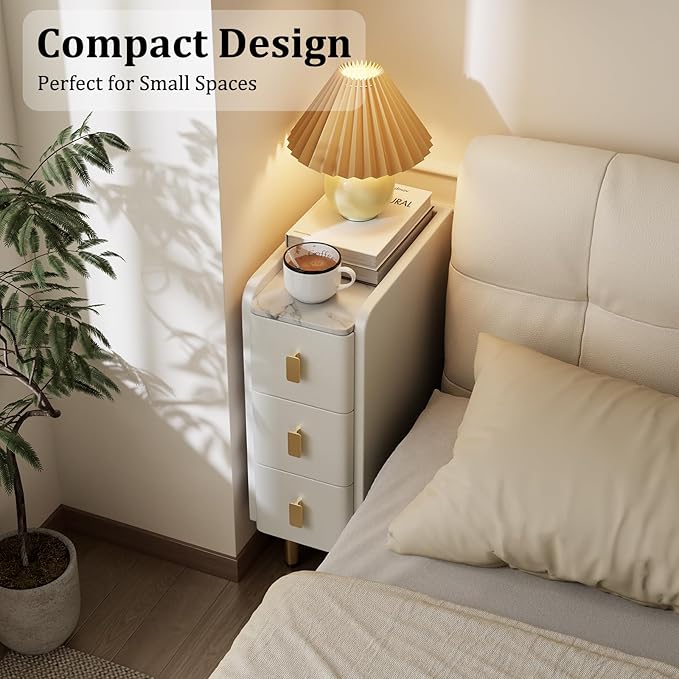 AQIMUELE Narrow Nightstand with Drawers, Narrow Side Table Leather, Small Bedside Tables for Bedroom. (White)