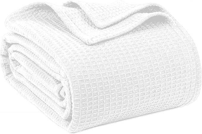 100% Cotton Blankets for Bed - Waffle Weave Blankets for Summer, Lightweight and Breathable Soft Woven Blanket for Spring (White, Queen (90" x 90"))