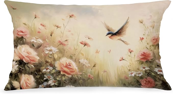 Vintage Spring Floral Bird Lumbar Pillow Cover 12x20 Double-Sided, Cottagecore Room Home Decor, Pastel Pink Rose Wildflower Decorative Throw Pillow Cover for Living Room Home Bedroom