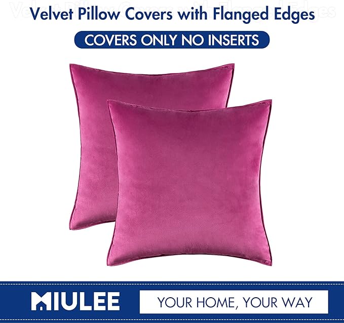 MIULEE Hot Pink Velvet Throw Pillow Covers 26x26 Soft Decorative Solid Square Euro Sham Cushion Cases Pack of 2 Modern Luxury Home Decor for Couch, Sofa, Bedroom