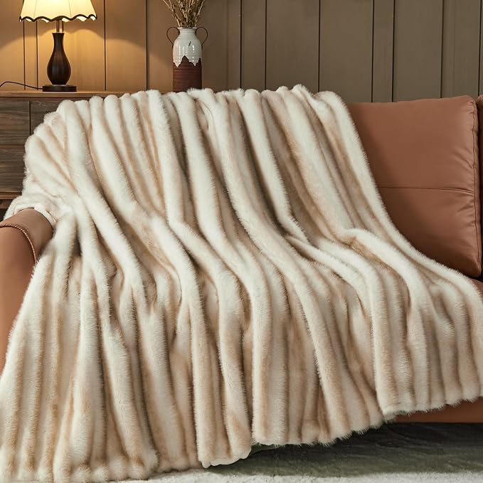 NEWCOSPLAY Faux Fur Throw Blanket Brown Luxury Fluffy Thick Warm Blanket for Couch Sofa Bed 1000GSM (Stripe Brown Thick, Throw(50"x60"))