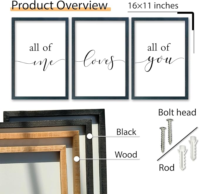 SRSZHIYUE All of Me Loves All of You Sign Wall Decor 16"×11" Set of 3 Framed Wooden Plaque for Master Bedroom Above Over Bed Love Quotes Wall Hanging Art (Black)