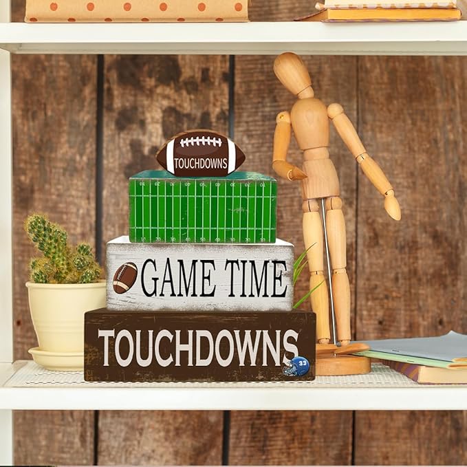 4 Pcs Football Table Decorations Football Wooden Tiered Tray Decor Decorative Sport Centerpiece Faux Book Block Sign for Desk Tabletop Floating Shelf Mantel Fireplace Home Decor
