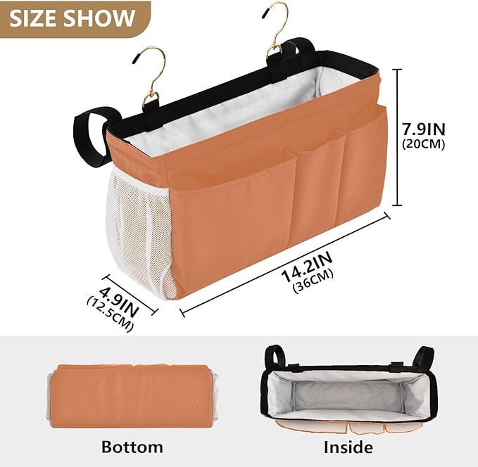 DOMIKING Orange Bedside Caddy for Dorm Bed Recliner Armrest Organizer with Hooks Haning Holders for Rails Headboards Bunk Bed