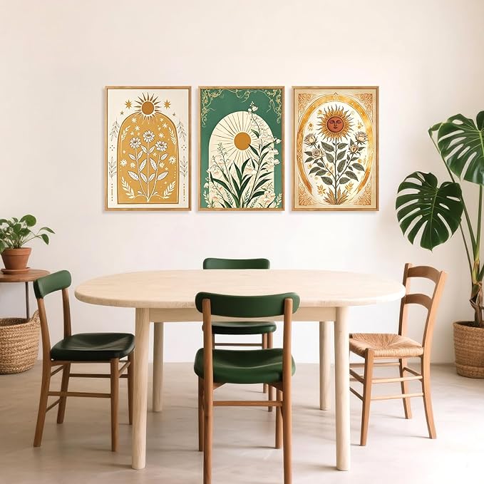 CHDITB Modern Bohemian Celestial Wall Art Set Of 3, Boho Sun Floral Tarot Wall Decor, Nature Mystery India Painting, Minimalist Green Lily Flower Art Prints For Dining Room Bedroom Decor 12”x16”
