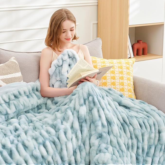 Ultra Soft Luxury Faux Fur Throw Blanket for Couch, Fuzzy Fluffy Plush Warm Cozy Ruched Blanket for Sofa Bedroom Living Room, Elegant Gift Idea for Women (50"x60",Tie-dye Freshwater Blue)