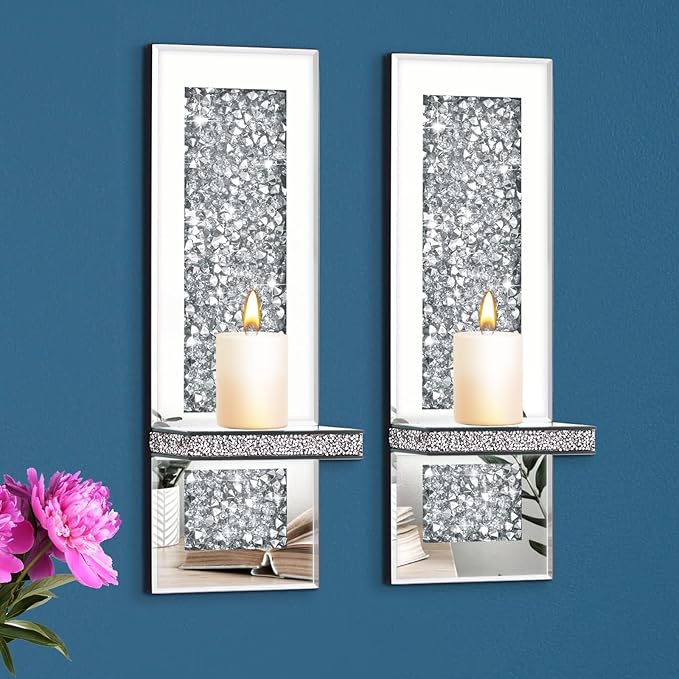 Crystal Crushed Diamond Mirrored Candle Sconces Set of 2 Silver Glass Wall Candle Holder Bling Wall Decorations for Home Decor Living Room Dining Room Bedroom