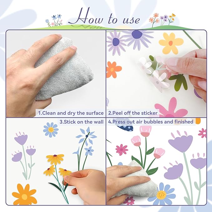 Flower Wall Decals - 8 Sheets 102 Pcs Spring Themed Wildflower Wall Stickers Peel and Stick Fairy Floral Wall Decor for Girls Bedroom Living Room Nursery Home