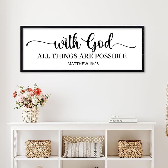 comurdyo With God All Things are Possible Wall Decor 40"X15" Matthew 19:26 Sign Bible Verse Large Wooden Framed Christian Scripture Prayer Wall Hanging Art (Black)
