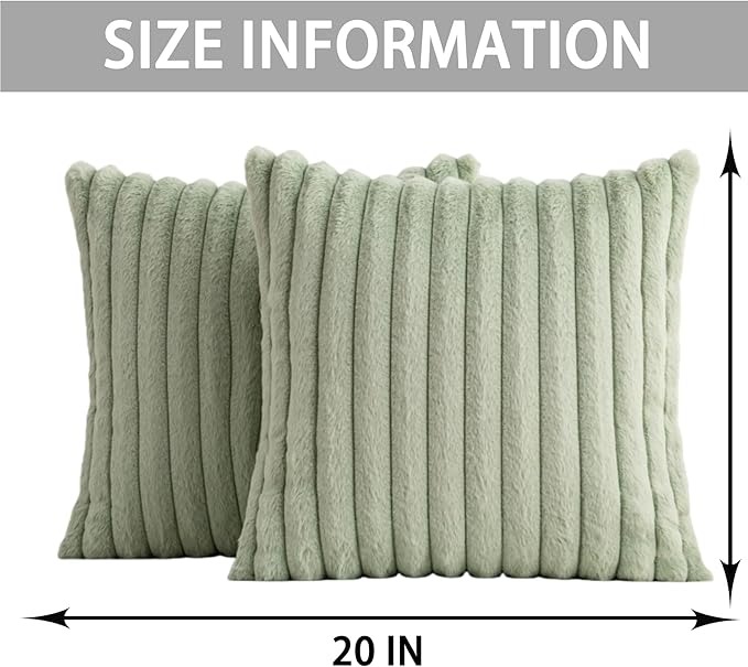 Aegero Pack of 2 Faux Fur Christmas Throw Pillow Covers 20x20 Inch, Soft Plush Striped Neutral Couch Pillow Cover, with Velvet Back Modern Home Decor for Sofa Living Room Couch Bed Sage Green