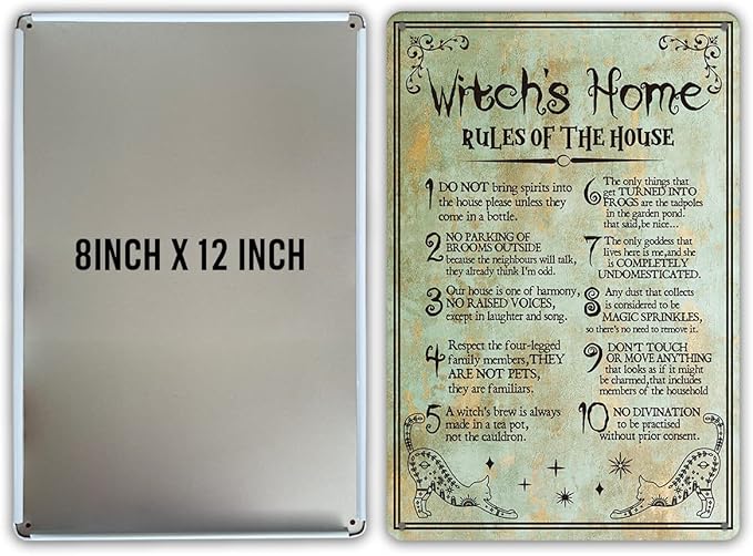 Funny Witch's Home Rules Quote Metal Tin Sign Wall Decor, Retro Do Not Bring Spirits into the House Sign for Home Decor Gifts
