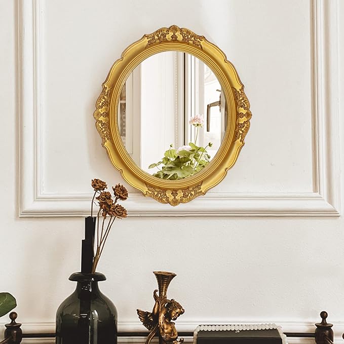 Eaoundm 13.1 x 14.8 inchs Decorative Wall Mirror,Vintage Hanging Mirrors for Bedroom Living-Room Dresser Decor Oval (Gold 2 Pcs)