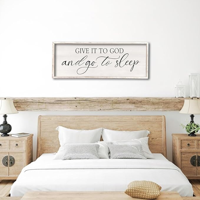 comurdyo Christ Religious Wall Decor Give It To God And Go To Sleep Sign 32"×12" for Christian Prayer Holy Modern Rustic Simple Master Bedroom Above Over Bed Wall Decor Plaque Hanging (White)