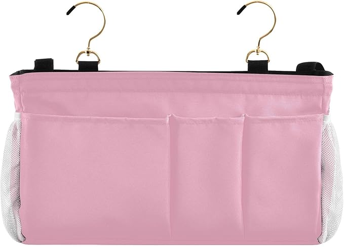 DOMIKING Pink Bedside Caddy for Dorm Bed Recliner Armrest Organizer with Hooks Haning Holders for Magazine Tablet Phone