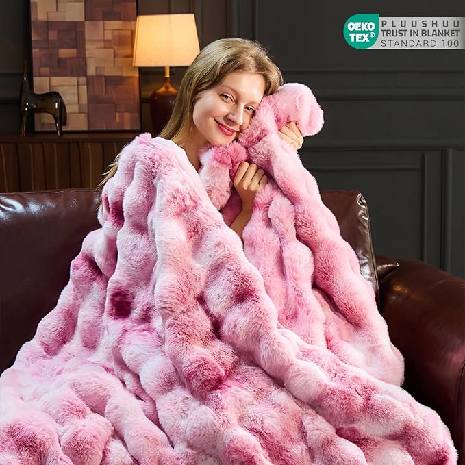 Faux Fur Throw Blanket for Couch, Fluffy Fuzzy Plush Bubble Blanket, Soft Warm Cozy Shaggy Rabbit Blanket, Luxury Decorative Gifts for Sofa Bedroom Living Room, 108x90inch (Tie-Dye-Pink)