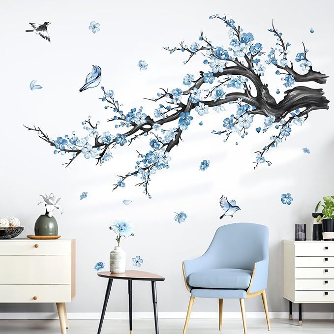 decalmile Blue Flower Branch Wall Decals Watercolor Blossom Floral Tree Branches Wall Stickers Living Room Bedroom Sofa TV Background Wall Decor