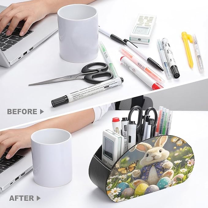 Easter Bunny Spring Butterfly Remote Control Holder Organizer Box with 5 Compartment PU Leather Bedside Storage Caddy Remote Organizer for Controller Media Player Pen/Pencil Storage