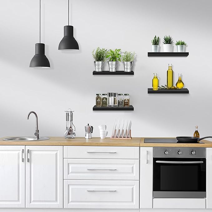 Sorbus Floating Shelves for Wall – 16 Inch Floating Shelf for Kitchen, Bedroom, Living Room, Bathroom, Home & Wall Decor - Mounted Bathroom Shelves with Invisible Brackets (Black, 4 Pack)
