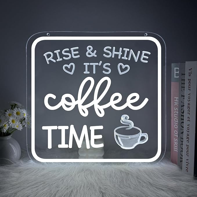 Farmhouse Coffee Bar Sign,Rise & Shine It's Coffee Time Neon Signs for Cafés Coffee Bar Accessories Home Kitchen Led Sign Wall Decor