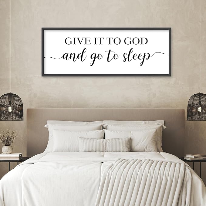 YWJKWLGS Give It To God And Go To Sleep Sign Large Bedroom Wall Decor Art 40x15 Inch Rustic Wooden Framed Above Over Bed for Peace Wall Hanging Plaque (Black)