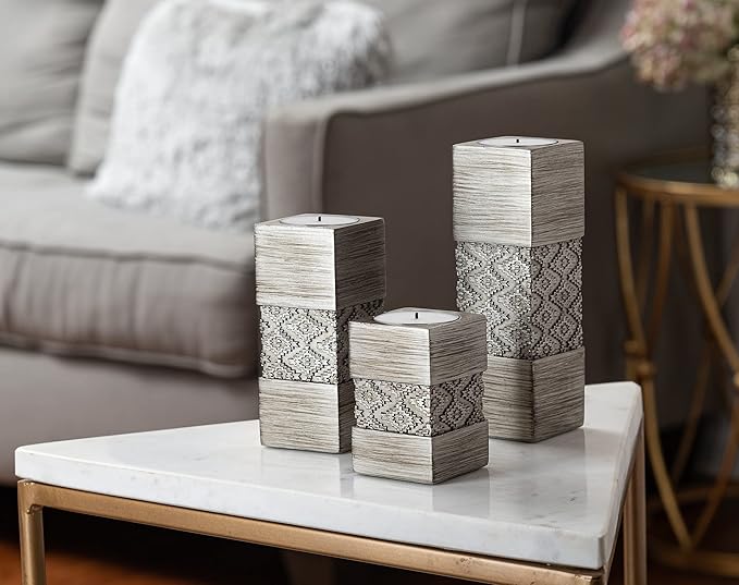 Creative Scents Dublin Silver Small Tealight Candle Holder Set of 3 - Centerpiece for Living Room and Dining Room Table Decor, Coffee Table Decor, Ideal for Fireplace, Entrance or Bathroom