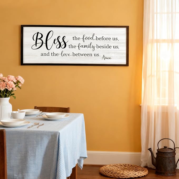 Bless the Food Before Us, the Family Beside Us, and the Love between us Framed Wall Art for Dining Room, 40''×15'' Holy Positive Religious Rustic Bible Verse for Christian God Jesus Christ Prayer