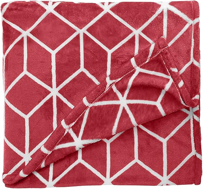 Elegant Comfort Luxury Velvety Feel Blanket, All-Season Lightweight Blanket, Ultra Plush, Soft, Cozy-Fuzzy Flannel Fleece for Couch, Sofa, Bed, Travel, Cube Design, Twin/Twin XL, Burgundy