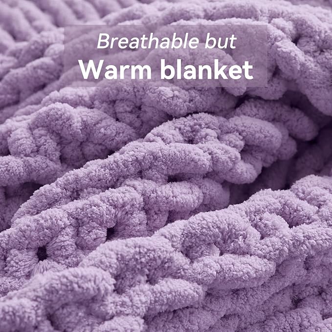 Chunky Knit Throw Blanket, 50''*60'' Knitted Throw Chenille Yarn for Bed Couch, Handmade Light Purple Crochet Big Thick Blanket, Machine Washable Cute Comfy Blanket for Home Decor
