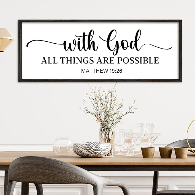 YWMZYKJGS With God All Things Are Possible Sign Wall Decor 40"×15" Matthew 19:26 Bible Verse Jesus Religious Christian Scripture Prayer Large Wooden Framed Wall Hanging Art (Black)
