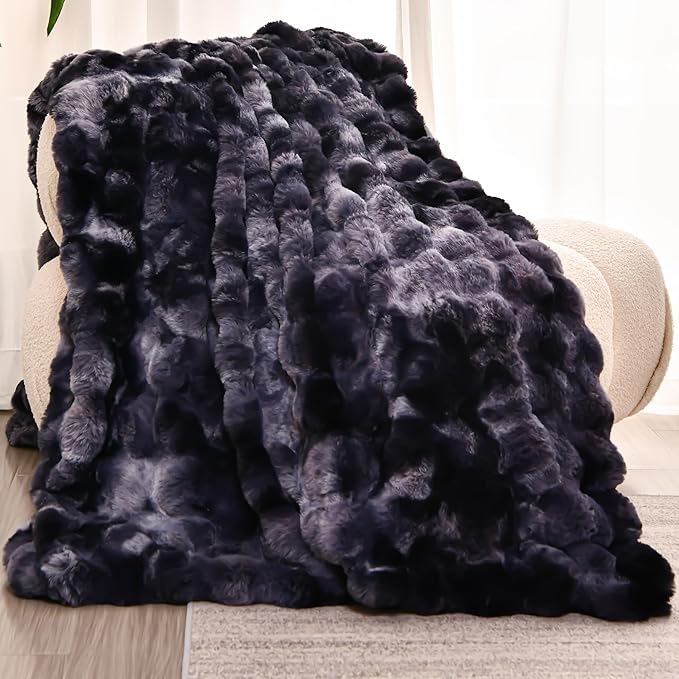 H&D Faux Fur Throw Blanket for Couch,Fluffy Cozy Soft Plush Luxury Thick Fuzzy Fleece Blanket for Couch Bed Sofa Bedroom Living Room,Comfy Bubble Blanket