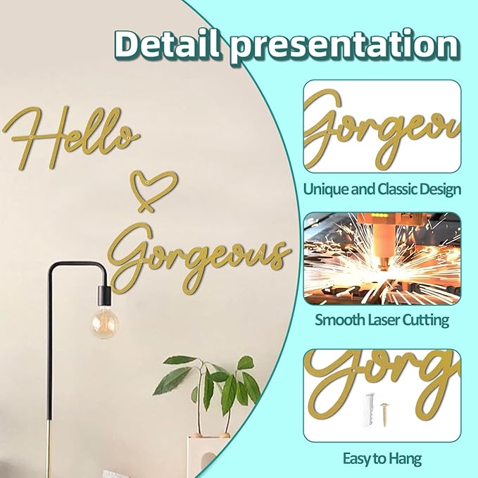 Hello Gorgeous Metal Wall Art Decor Gold Modern Hello Gorgeous Signs Farmhouse Metal Wall Art Hanging Decoration for Bathroom Living Room Bedroom Office Hotel Home Wall Decoration (Gold)