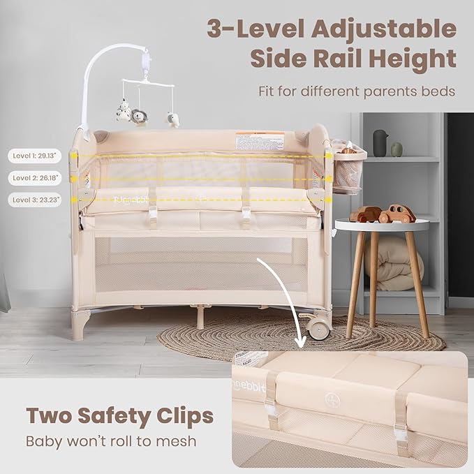 Baby Bassinets Bedside Sleeper, 4 in 1 Portable Bedside Crib w/Mattress, Diaper Changer, Storage Basket, Music Box, Carry Bag, Foldable Playard Sleeper for Newborn (Beige)