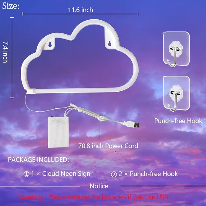 Cloud Neon Sign Warm White Cloud Light Sign for Wall Decor,Battery or USB Powered Clouds Shaped LED Sign Decoration Lights for Bedroom Aesthetic Teen Girl Kid Room Christmas Birthday Wedding Party