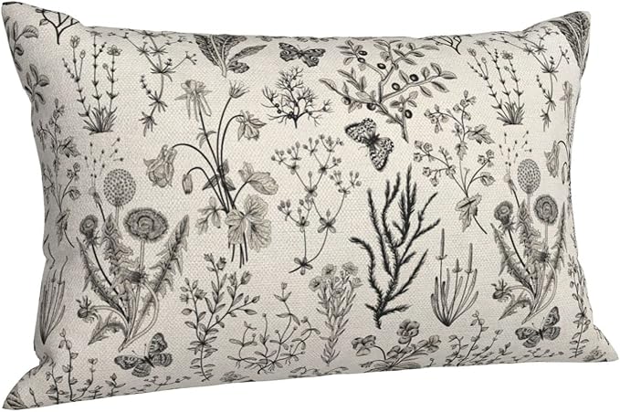 AEIOAE Spring Pillow Covers 12x20 Inch Set of 2,Black Gray Wild Flower Plant Throw Pillows Case,Seasonal Floral Outdoor Decorative Linen Farmhouse Decor Cushion Covers for Home Sofa Bed Couch