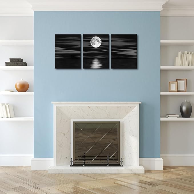 Wieco Art 3 Panel Sea White Full Moon in Night Canvas Print Wall Art Black and White Ocean Beach for Living Room Bedroom Kitchen Home Decorations Modern Abstract Artwork