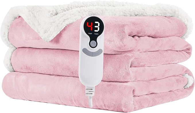 Electric Heated Blanket Full Size 72"x84" - Flannel & Sherpa Fabric Dual-Sided, 9 Heat Settings & 1-10 Hours Auto Off, Soft & Cozy Warming Throw for Home, Office, or Bed, Machine Washable, Light Pink