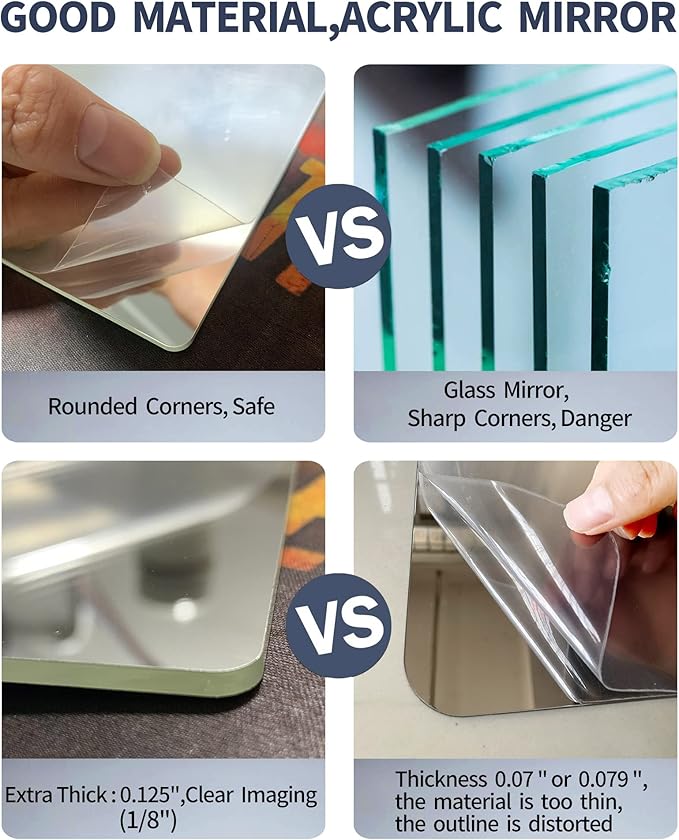 Shatterproof Peel And Stick on Mirror Tiles for Wall Decorative, 4 pcs 10”x10” Unbreakable Small Mirrors For Wall Classroom Decor, Toddlers Mirror for Kids Bedroom, Plastic Door Adhesive Mirrors