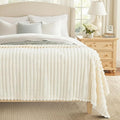 decorUhome Soft Fleece Cream White Blanket Queen Size for Bed, Cozy Fluffy Plush Flannel Large Striped Throws for Couch Sofa, Lightweight Decorative Fuzzy Blanket for Woman, 90x90 Inches