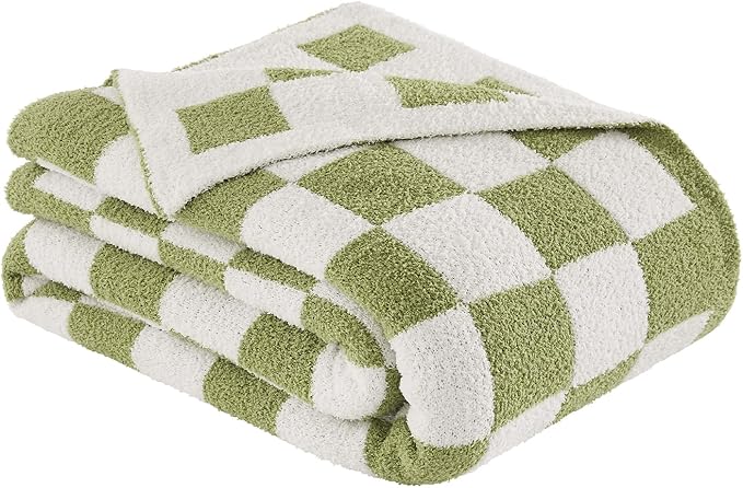 Checkered Throw Blanket, Sage Green Soft Cozy Fluffy Knitted Throw Blankets for Couch, Sofa, Bed, Chair, Warm Fuzzy Travel Picnic Lightweight Plaid Blanket, 50x70 inches