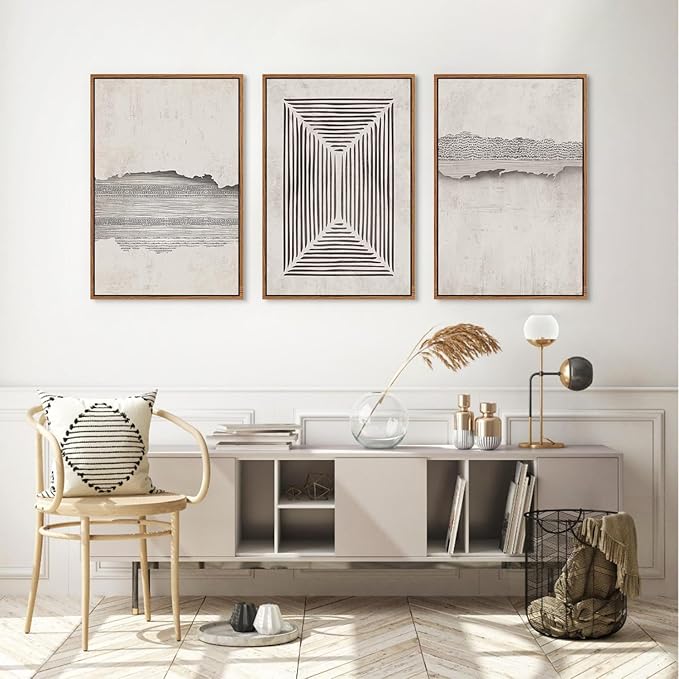CHDITB Modern Abstract Canvas Wall Art, Neutral Framed Art Prints, Black Beige Large Wall Painting, Geometric Line Textured Minimalist Wall Decor for Living Room Bedroom Dining Room Office 24"x36"x3
