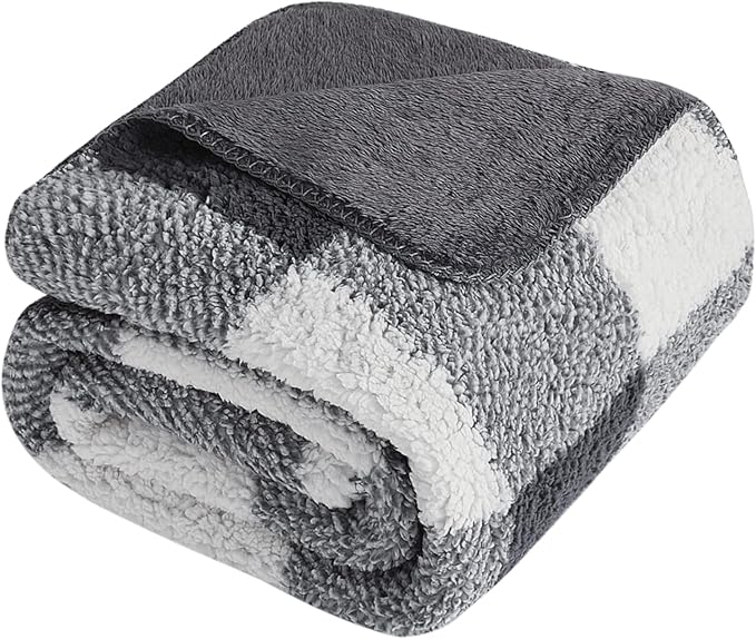 LURKA Checkered Sherpa Fleece Throw Blanket – Soft and Cozy, Medium Weight for All Season, Oversized Plush Throw for Couch, Bed & Pets, Smoke Grey, 90x90 Inches