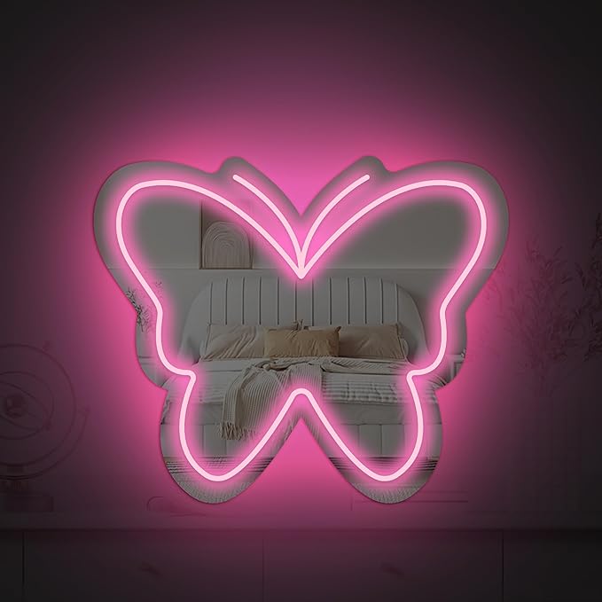 Anime Butterfly Mirror with Light Neon Signs for Locker Room Living Room Girl's Bedroom, Cute Acrylic Mirror with Dimmable for Girl Gifts, Wall Mirror