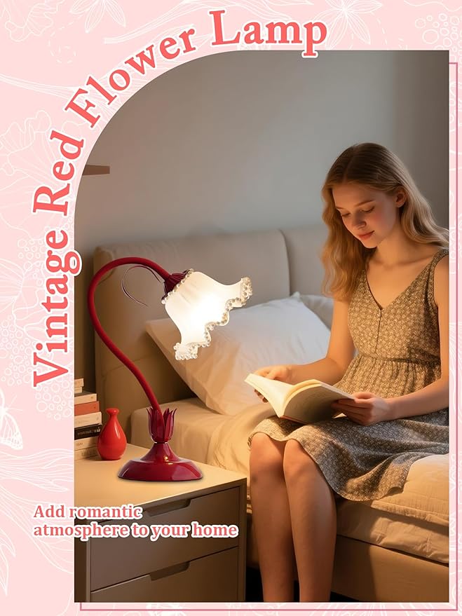 Flower Table Lamp,LED Reading Light Bedside Vintage Flower Night Light,3 Colors Modes Kawaii Bedside Lamps Decor,Living Room Bedroom Room Lighting Table Lamps Home Decoration (Red Pearls)