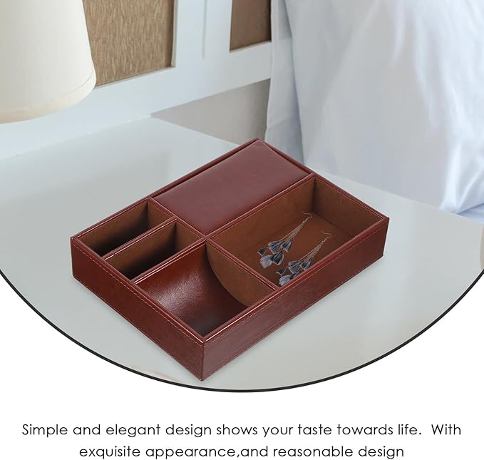 Beaupretty Brown Faux Leather Jewelry Storage Box with Multiple Compartments, Nightstand Organizer for Rings, Watches, Wallets, and Phones, Retro Style Jewelry Holder for Bedroom and Dresser