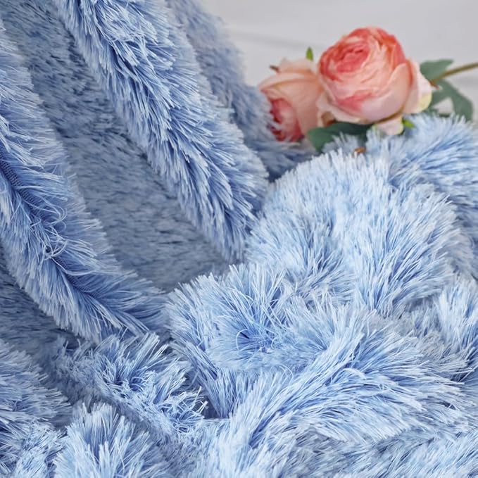 Plush Super Soft Blanket Bedding Sofa Cover Furry Fuzzy Fur Warm Throw Qulit Cozy Couch Blanket for Winter (51"x63",Blue and White)