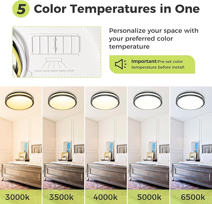 hepside 4 Pack Flush Mount Ceiling Light Fixture, Dimmable & 5CCT Ceiling Light Black, 13inch 24W 3000K 3500K 4000K 5000K 6500K Adjustable Ceiling Lamps for Kitchen Bathroom Bedroom Hallway