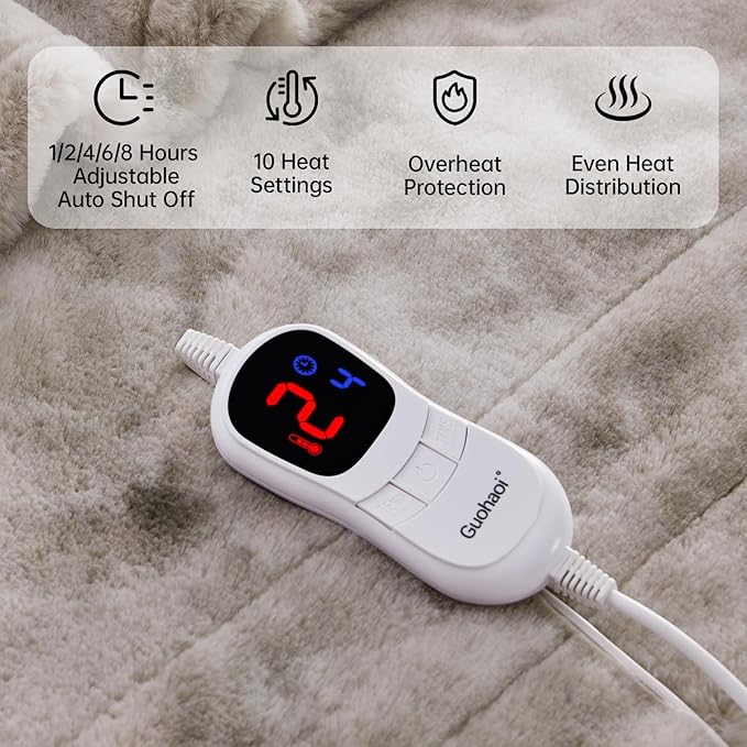 Guohaoi Heated Blanket Electric Throw, Soft Faux Rabbit Fur Electric Blanket with 10 Heating Levels 5 Sitting Timer Auto Off, Dual-Controller Heating Blankets, Machine Washable(84"×90" Light Grey)