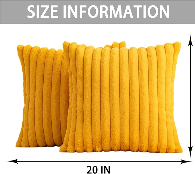 Aegero Pack of 2 Faux Fur Christmas Throw Pillow Covers 20x20 Inch, Soft Plush Striped Neutral Couch Pillow Cover, with Velvet Back Modern Home Decor for Sofa Living Room Couch Bed Yellow