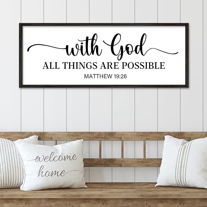 YWMZYKJGS With God All Things Are Possible Sign Wall Decor 40"×15" Matthew 19:26 Bible Verse Jesus Religious Christian Scripture Prayer Large Wooden Framed Wall Hanging Art (Black)